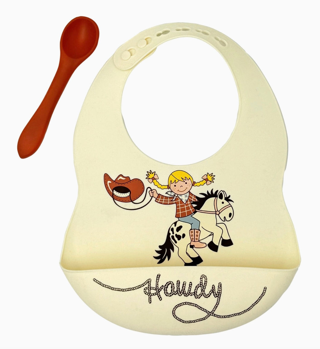 Fresh & Messy Silicone Bib & Spoon Set | Howdy Cowgirl