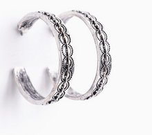 Load image into Gallery viewer, Burnished Silver Tribal Hoop Earrings