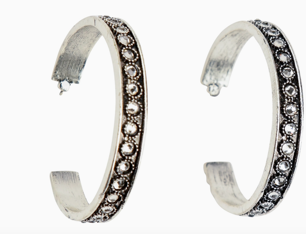 Burnished Silver and Rhinestone Hoop Earrings