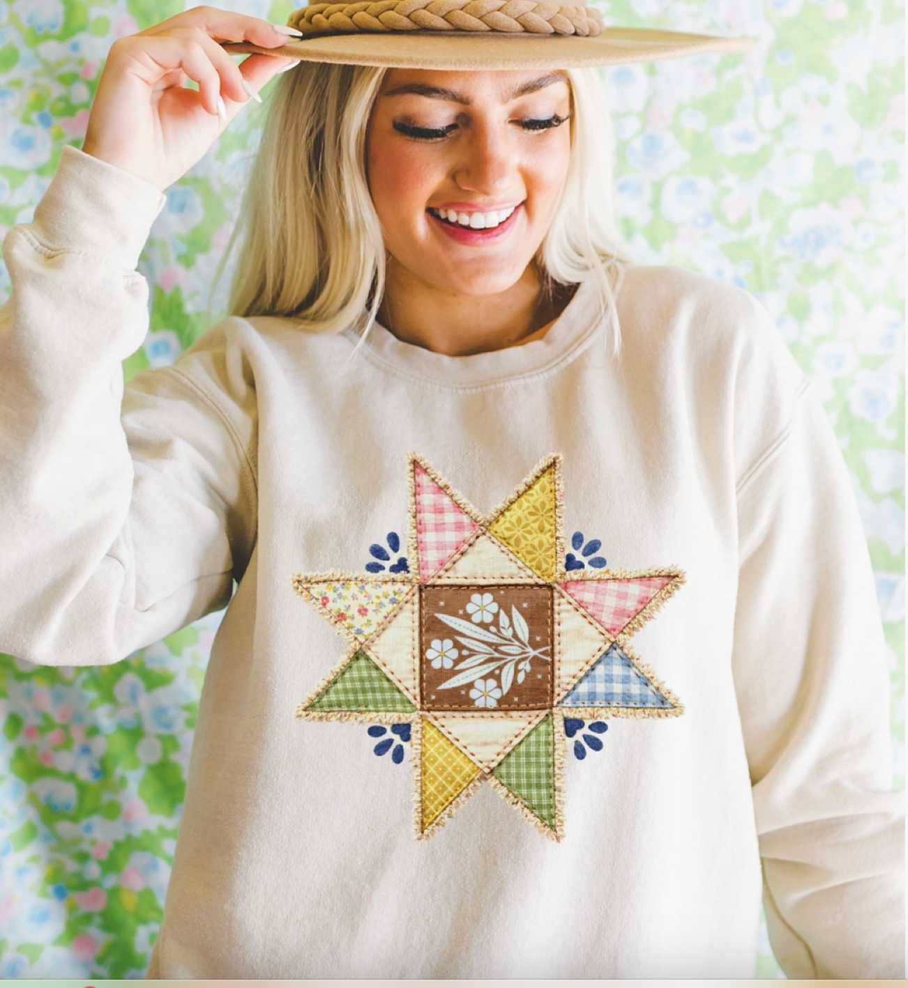 Screen Printed Quilted Patch Work Star Sweatshirt